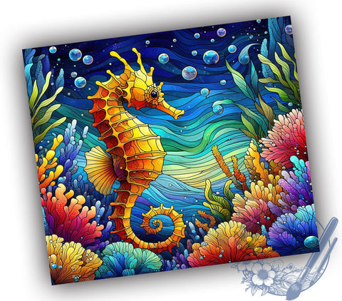 Seahorse Tumbler Wrap, Stained Glass Design, 20oz Skinny Tumbler, Sublimation PNG, Ocean Theme Drinkware, Nautical Tumbler, Marine Life Design Sublimation ToriDesigns 