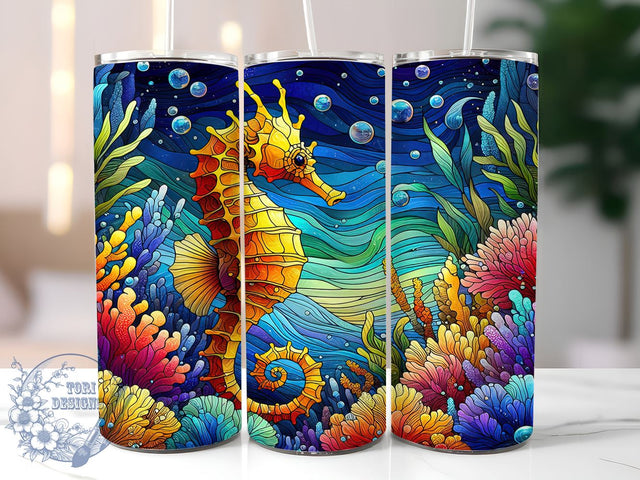 Seahorse Tumbler Wrap, Stained Glass Design, 20oz Skinny Tumbler, Sublimation PNG, Ocean Theme Drinkware, Nautical Tumbler, Marine Life Design Sublimation ToriDesigns 