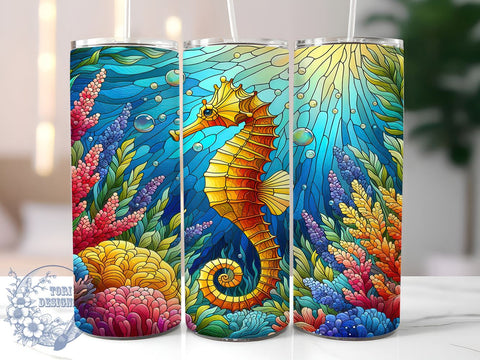 Seahorse Tumbler Wrap, Stained Glass Design, 20oz Skinny Tumbler, Sublimation PNG, Ocean Theme Drinkware, Nautical Tumbler, Marine Life Design Sublimation ToriDesigns 