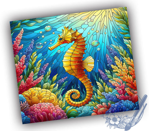 Seahorse Tumbler Wrap, Stained Glass Design, 20oz Skinny Tumbler, Sublimation PNG, Ocean Theme Drinkware, Nautical Tumbler, Marine Life Design Sublimation ToriDesigns 