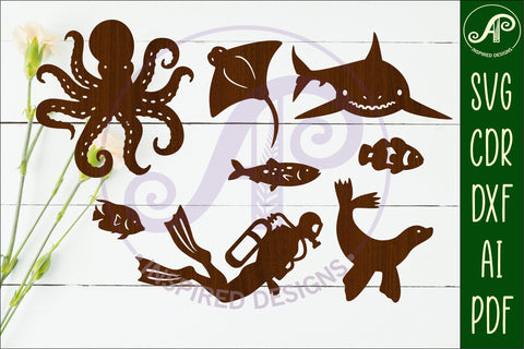 Sealife cut out design set 2, laser cut file, shapes. SVG SVG APInspireddesigns 