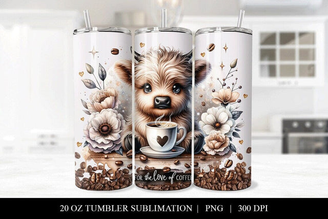 Seamless Cute Fluffy Highland Cow Coffee Themed Tumbler Wrap Sublimation BijouBay 