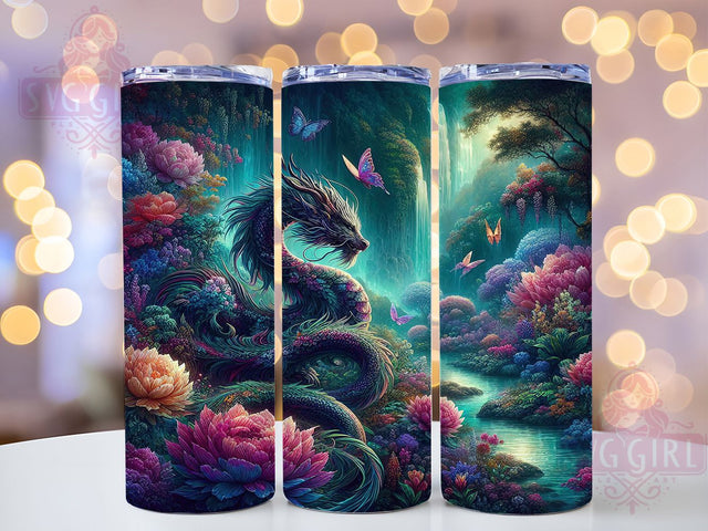 Seamless Floral Fantasy Dragon Tumbler, Floral Fantasy Wrap, 20oz Tumbler Sublimation, Botanical Dragon Design, Mythical Creature Wrap, Elegant Beast Tumbler, Enchanted Floral Sublimation Sublimation SvggirlplusArt 