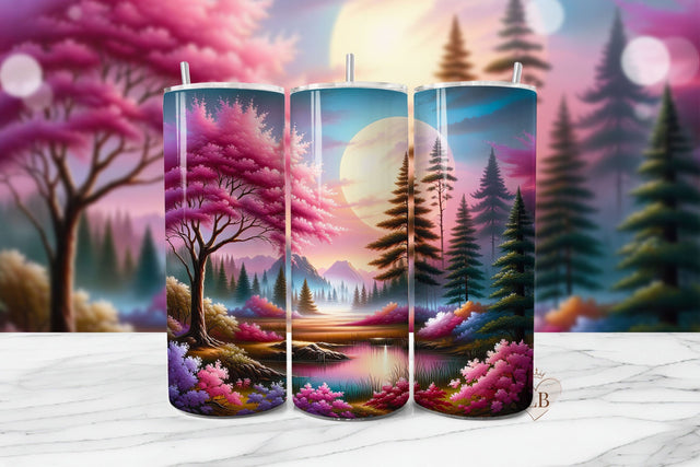 Seamless Forest Tumbler Wrap with Pink Blossom Tree Sublimation BijouBay 