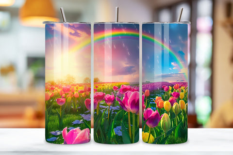 Seamless Garden Landscape Tumbler Art | Rain Rainbows PNG, Seamless Spring Wildflowers Field Watercolour 20 oz Skinny Tumbler Wrap For Sublimation | Spring Delicate Wildflowers Landscape Watercolour Sublimation FloridPrintables 