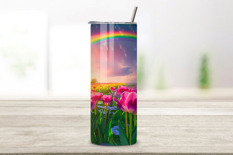 Seamless Garden Landscape Tumbler Art | Rain Rainbows PNG, Seamless Spring Wildflowers Field Watercolour 20 oz Skinny Tumbler Wrap For Sublimation | Spring Delicate Wildflowers Landscape Watercolour Sublimation FloridPrintables 