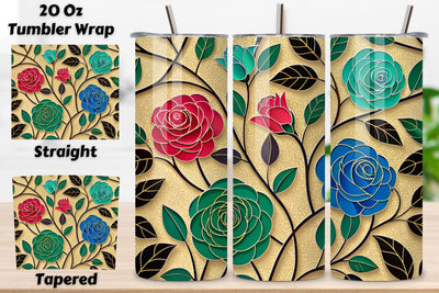 Seamless Glass Rose Tumbler Wrap, Jewel-Toned Roses with Lead Lines Sublimation FloridPrintables 