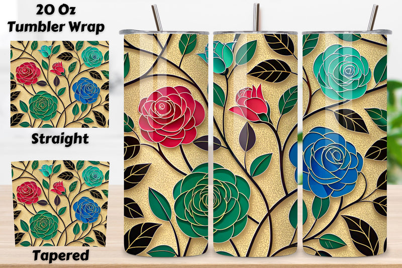 Seamless Glass Rose Tumbler Wrap, Jewel-Toned Roses with Lead Lines Sublimation FloridPrintables 