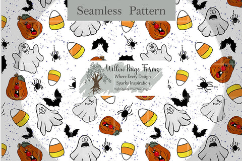 Seamless Halloween Pattern | Silly Ghosts, Pumpkins, Bats, Spiders & Candy Corn | 4000x4000 PNG JPG Digital Download Sublimation Willow Paige Farms 