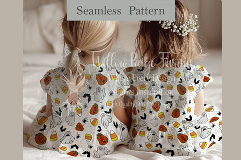 Seamless Halloween Pattern | Silly Ghosts, Pumpkins, Bats, Spiders & Candy Corn | 4000x4000 PNG JPG Digital Download Sublimation Willow Paige Farms 