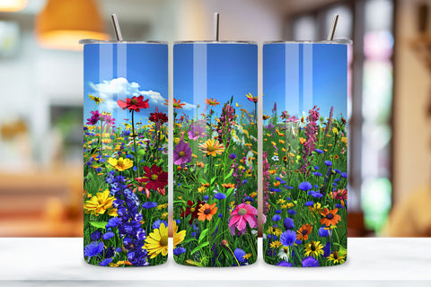 Seamless Spring Flower Tumbler Design | Rain Rainbows PNG, Seamless Spring Wildflowers Field Watercolour 20 oz Skinny Tumbler Wrap For Sublimation | Spring Delicate Wildflowers Landscape Watercolour Sublimation FloridPrintables 