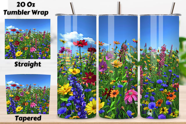 Seamless Spring Flower Tumbler Design | Rain Rainbows PNG, Seamless Spring Wildflowers Field Watercolour 20 oz Skinny Tumbler Wrap For Sublimation | Spring Delicate Wildflowers Landscape Watercolour Sublimation FloridPrintables 