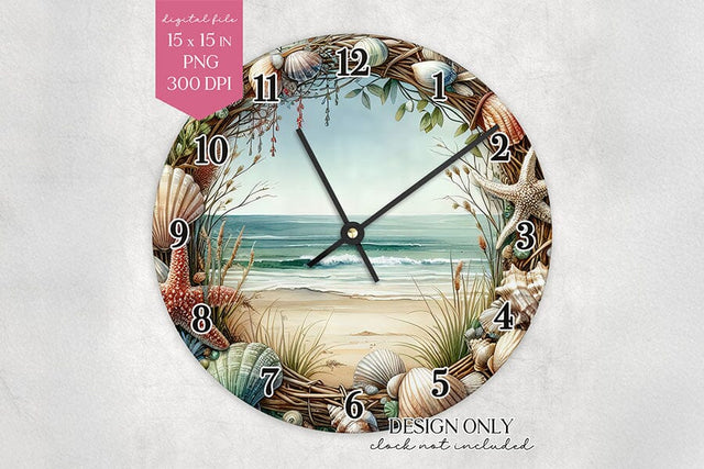 Seashell Beach Wall Clock Sublimation Design PNG Sublimation BijouBay 