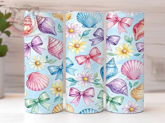 Seashell Daisy Bow 20oz Tumbler, Seashell Motif, Daisy Flower, Bow Accent, Beach Theme, Whimsical Charm, Skinny Tumbler, Sublimation PNG Sublimation Lara' s Designs 
