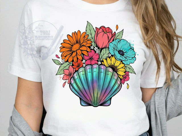 Seashell Flower Art T-Shirt PNG, Seashell Flower, Coastal Style, Nature Vibes, Beach Fashion, Sublimation PNG, Statement Shirt, Oceanic Apparel Sublimation ToriDesigns 