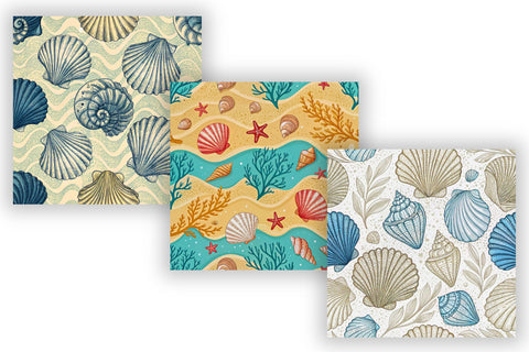 Seashell Seamless Pattern, Watercolor Seashell Seamless Pattern, Sandy Beige and Ocean Blue Tones, Coastal Marine Design with Nautical Beach Elements Digital Pattern FloridPrintables 