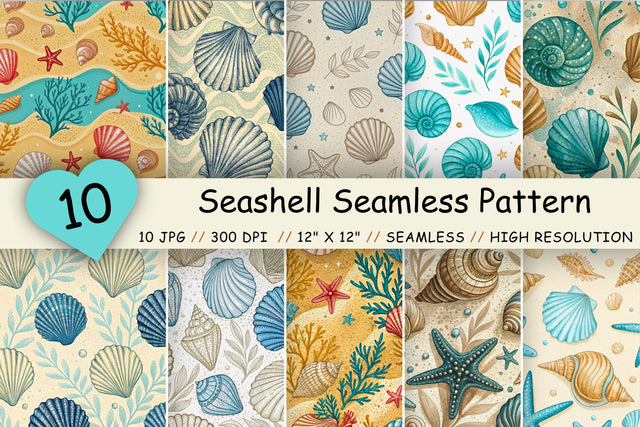 Seashell Seamless Pattern, Watercolor Seashell Seamless Pattern, Sandy Beige and Ocean Blue Tones, Coastal Marine Design with Nautical Beach Elements Digital Pattern FloridPrintables 