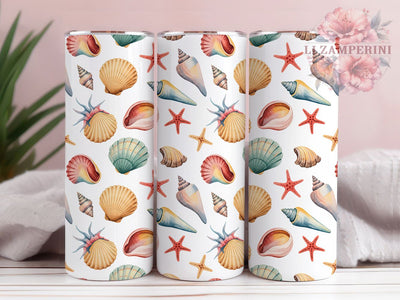 Seashell Starfish Beach Pattern 20oz Tumbler Wrap, Starfish Design, Beach Theme, Seamless Pattern, White Background, 20oz Tumbler Wrap, Sublimation PNG Sublimation Li Zamperini 