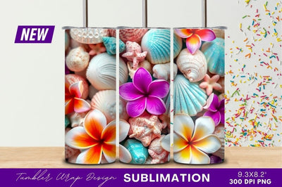 Seashells and tropical flowers tumbler png design Sublimation Regulrcrative 