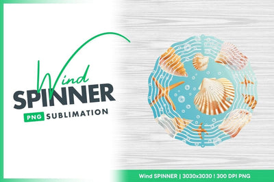 Seashells Starfish and Bubbles on Blue Background Wind Spinner Round Png Sublimation Regulrcrative 