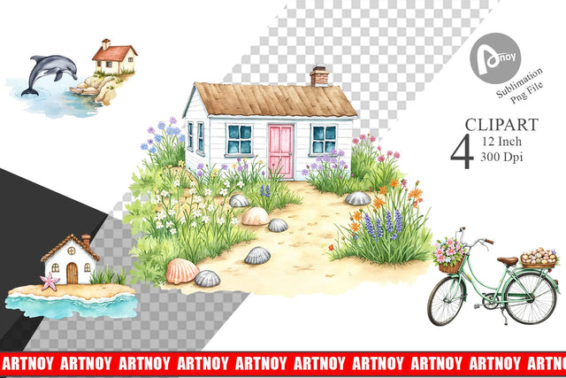 Seaside Cottage Clipart Sublimation artnoy 