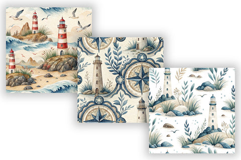 Seaside Lighthouse Digital Paper Pack, Seamless Watercolor Coastal Pattern Bundle, Printable Scrapbook Paper, Ocean Shore Design Collection Digital Pattern FloridPrintables 