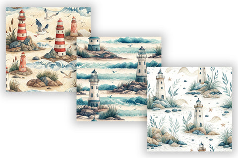 Seaside Lighthouse Digital Paper Pack, Seamless Watercolor Coastal Pattern Bundle, Printable Scrapbook Paper, Ocean Shore Design Collection Digital Pattern FloridPrintables 