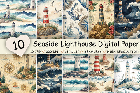Seaside Lighthouse Digital Paper Pack, Seamless Watercolor Coastal Pattern Bundle, Printable Scrapbook Paper, Ocean Shore Design Collection Digital Pattern FloridPrintables 