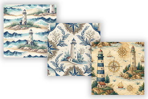 Seaside Lighthouse Digital Paper Pack, Seamless Watercolor Coastal Pattern Bundle, Printable Scrapbook Paper, Ocean Shore Design Collection Digital Pattern FloridPrintables 