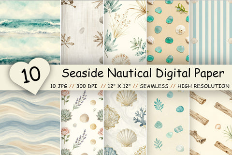 Seaside Nautical Digital Paper Pack, Beachside Seamless Patterns, Seashells, Shoreline & Coastal Printable Crafts Digital Pattern FloridPrintables 