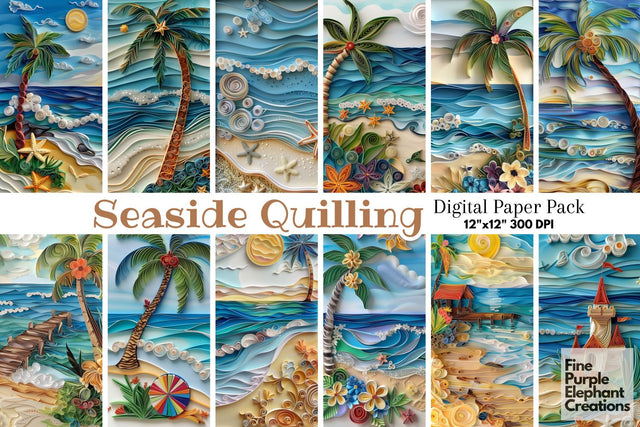 Seaside Quilling Pattern Digital Paper | Beach Vacation Sublimation Digital Pattern Fine Purple Elephant Creations 