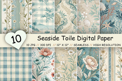 Seaside Toile Digital Paper Pack, Vintage Floral Toile, Gingham & Stripe Seamless Patterns, Wedding, Scrapbooking & Printable Crafts Digital Pattern FloridPrintables 