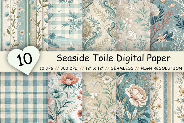 Seaside Toile Digital Paper Pack, Vintage Floral Toile, Gingham & Stripe Seamless Patterns, Wedding, Scrapbooking & Printable Crafts Digital Pattern FloridPrintables 