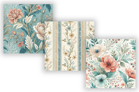 Seaside Toile Digital Paper Pack, Vintage Floral Toile, Gingham & Stripe Seamless Patterns, Wedding, Scrapbooking & Printable Crafts Digital Pattern FloridPrintables 