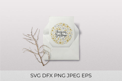 Season’s Greetings calligraphy with gold and silver snowflakes, stars and dots SVG LaBelezoka 