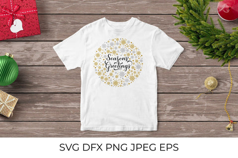 Season’s Greetings calligraphy with gold and silver snowflakes, stars and dots SVG LaBelezoka 