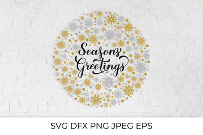 Season’s Greetings calligraphy with gold and silver snowflakes, stars and dots SVG LaBelezoka 