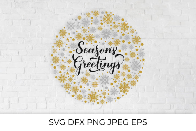Season’s Greetings calligraphy with gold and silver snowflakes, stars and dots SVG LaBelezoka 