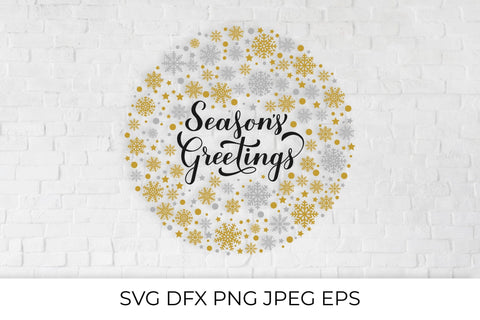 Season’s Greetings calligraphy with gold and silver snowflakes, stars and dots SVG LaBelezoka 