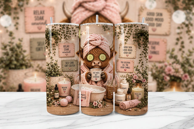 Self Care Highland Cow Tumbler Wrap PNG Sublimation BijouBay 
