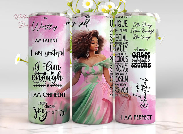 Self Love Affirmation PNG Sublimation tumbler wrap, African American Black Woman, 20 oz Skinny Tumbler file, Inspirational, Instant download Sublimation WillowSageDesign 