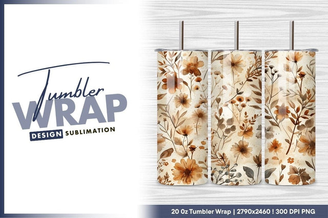 Sepia Watercolor Floral Pattern Tumbler Png Sublimation Regulrcrative 