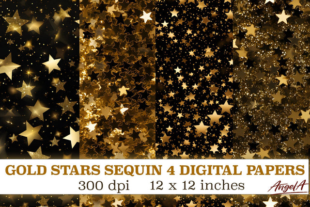 Sequin digital papers / gold stars digital paper Digital Pattern Angelina Semenova 