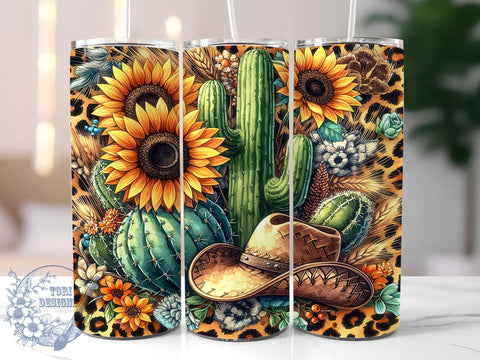 Serape Leopard With Cactus And Sunflower 20oz Skinny Tumbler PNG, Western Tumbler Sublimation Wrap, Straight & Tapered Tumbler Wrap, Instant Digital Download Sublimation ToriDesigns 