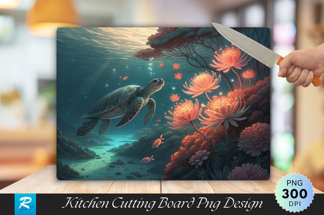 Serene Aquatic World Turtle and Glowing Coral Flowers Cutting Board PNG Design Sublimation Regulrcrative 