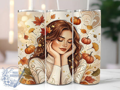 Serene Autumn Woman 20oz Tumbler, Autumn Woman Motif, Serene Art Design, Cozy Theme, Elegant Accent, Chic Charm, Sublimation Wrap, 20oz Tumbler Sublimation ToriDesigns 
