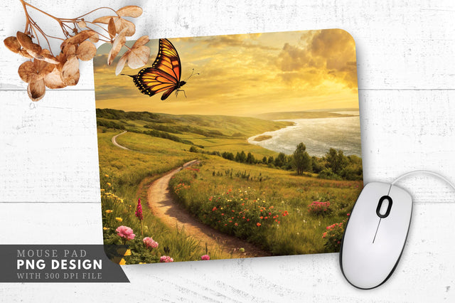 Serene Butterfly Bliss in Blooming Countryside Mouse Pad Design Sublimation Regulrcrative 
