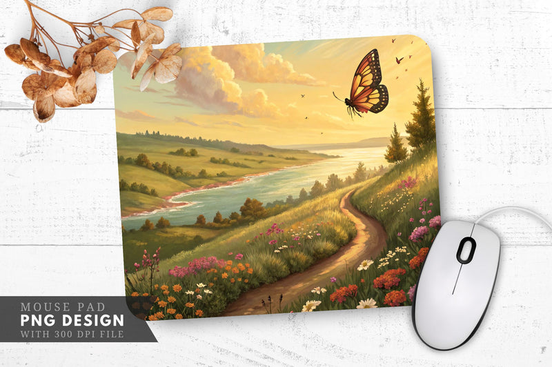 Serene Butterfly Bliss in Blooming Countryside Mouse Pad PNG Design Sublimation Regulrcrative 
