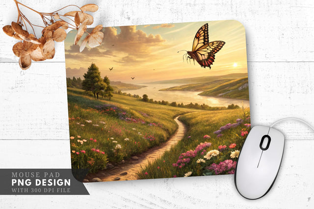 Serene Butterfly Bliss in Blooming Countryside Mouse Pad PNG Sublimation Regulrcrative 