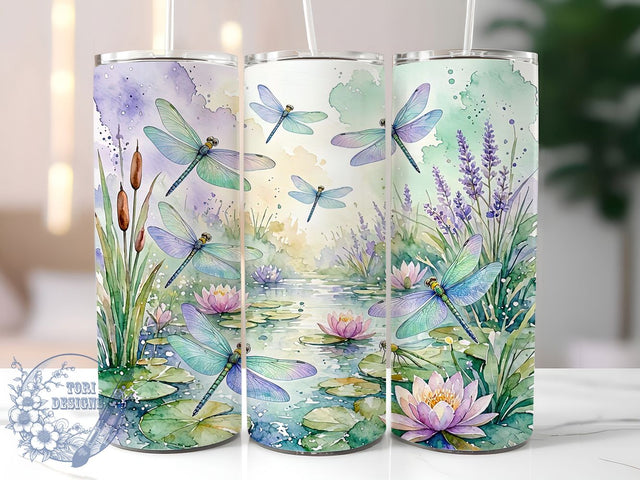 Serene Dragonfly Water Lily 20oz Tumbler, Dragonfly Lily Motif, Serene Art Design, Tranquil Theme, Whimsical Accent, Elegant Charm, Sublimation Wrap, 20oz Tumbler Sublimation ToriDesigns 